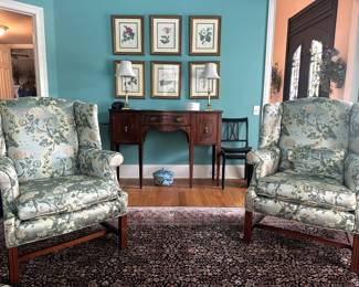 #39 chair LR Asian Silk Fabric covered Wingbacks w/wood legs $100.00
#40 chair LR Asian Silk Fabric Covered Wingbacks w/wood legs $100.00
#137 Antique Buffet w/2 doors & 1 drawer - 53x19x37 (as is small chip) $175.00