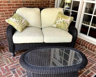 #65 Summer Classics Dark Wicker Sofa w/cushions - 59" Long (some need cleaning) and oval Summer Classics Coffee Table w/glass Protect - 41x23x17 $800.00