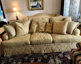 #37 Hickory Chair Sofa w/loose back Cushions w/7 cushions in gold Patterned Fabric - 84" Long $200.00