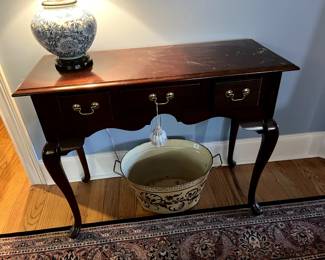 #168 Wood 3 Drawer Bombay Style Entry Table (as is finish) - 39x16x30 $65.00