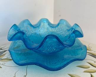 Vintage ruffled blue bowl & plate 