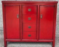 Crate and Barrel Asian Style Dark Red Lacquer Wood Chest 4 Drawer 2 Doors