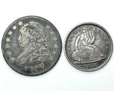 1827 Capped Liberty Bust Dime & 1838 Seated Liberty Half Dime Coins
