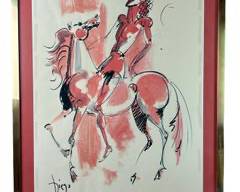 Diego Signed Print of Figure on Horseback, Framed and Matted under Glass.
