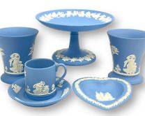 Fine Wedgwood Blue Jasperware Compote, Vases, Heart Shaped Trinket Dish, Mug, and Saucer
Lot 464 - In good condition
