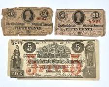 Antique Confederate States of America Banknotes & Fractional Currency: Two 1863 50 Cent Notes & 1861 $5