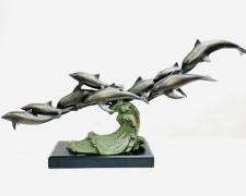 27" Long Fantastic Bronze painted BRASS DOLPHINs Ridiong WAVE SCULPTURE