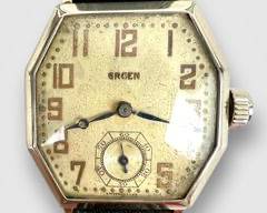 Art Deco Circa 1920 14k White Gold Filled Gruen Watch w Brown Leather Band.