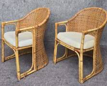 Pair Vintage Bamboo and Rattan Barrel Back Lounge Chair Boho Hippie
