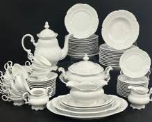 Fine Hutschenreuther Sylvia China Soup Bowls, Lidded Tureen, Oval Trays, Gravy Boat, Tea Cups, Saucers, Dessert Plates, Tea Cups, and Lidded Tea Pot