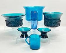 Danish Modern MCM Mid Century Modern ART GLASS LOT Nuutajrvi Nyppyl Bowls Beaded Flared Bowl 5371 ; Two original Kartio candleholders by Kaj Franck Nuutajrvi; Designed By Saara Hope; iittala blue cylindrical vase by Tapio Wirkkala;
