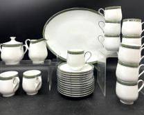 Fine SANGO VENTURA SAGE GREEN AND SILVER BAND SET OF TEA/COFFEE WUTH SUACERS CUPS SERVING TRAY AND CREAMER WITH PITCHER