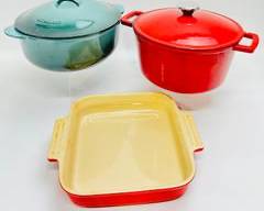 LE CREUSET BLUE LIDDED POT LE CREUSET BAKING DISH AND SUR LA TABLE RED ENAMEL LIDDED POT MCM Mid Century Modern