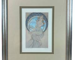 Alphonse Mucha Art Nouveau Lady Print, Double Matted and Framed Under Glass
