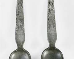 Norway David-Andersen Stopt-TinnPewter Oseberg Viking Ship DesignDanish Modern Incised Statement Salad Set - T281, T280