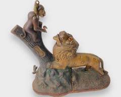 Fantastic Antique Cast Iron Monkey Lion Mechanical Bank W/ Original Paint