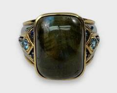 Mens Fine Sterling Silver Two Toned Labadorite & Blue Topaz Statement Ring Size 11