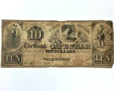 Antique Bank of Cape Fear North Carolina 1833 $10 Banknote Serial No. 1338