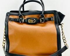 MICHAEL KORS Hamilton Satchel Top Handle Large Two Tone Handbag, Brown And Black