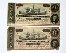 Two Antique Confederate States of America 1864 $20 Banknotes Serial Nos. 10337 & 24829