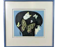 Vintage Woodblock Print Artist Signed Japanese Woman with Butterflies 1974 Lithograph Framed and Matted under Glass