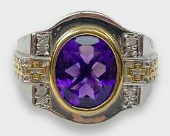 Mens Fine Sterling Silver Amethyst & White Sapphire Statement Ring Size 11