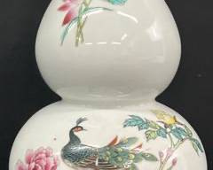 Fine Asian Famille Rose Peacock Porcelain Gourd Vase