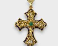 Fine 18K Yellow Gold Blue Enamel & Emerald Cross Crucifix Statement Pendant