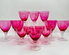 Fine Gorgeous George Borgfeldt Lisa Pattern Cranberry Optic Straight Bowl Clear Short Twisted Stem, Set of Six Wine Glasses