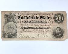 Antique Confederate States of America 1864 $500 Banknote Serial No. 15321