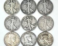 9 Walking Liberty & Franklin Silver Half Dollars Coins