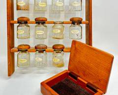 Mid Century Modern MCM VINTAGE TEAK WOOD HANGING SPICE RACK and Spice Jars USED inludes hinged modern box