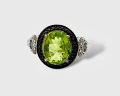 Lovely Sterling Silver Peridot Gemstone w Black Rhodium Ring. Sz 9, sizable