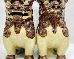 Pair Asian Figural Foo Dogs Pottery Glazed Figures Mid Century Boho sculpture decor Brown Drip Glaze