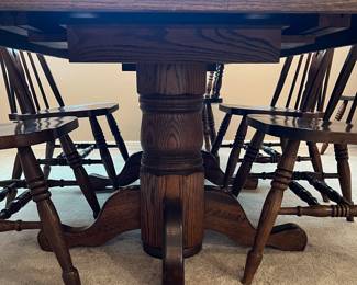 Double Pedestal Oak Dining Table w Leaf, 6 Side Chairs and 2 Arm Chairs