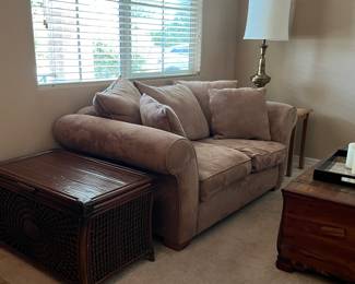 Microfiber Sofa, Loveseat, Arm Chair w Ottoman, Pier 1 Rattan Chest, Cedar Chest, Large Brass Lamp