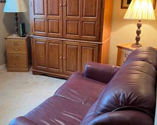 Oak Computer Office Armoire, 2-Drawer File x 2, Hand Carved Wood Table Lamps-India, Leather Loveseat, Art