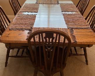Double Pedestal Oak Dining Table w Leaf, 6 Side Chairs and 2 Arm Chairs