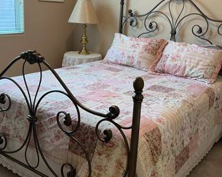 Vintage Style Metal Bed Frame, 2 End Tables w Lace Overlays, Brass Table Lamps pair, Bedding