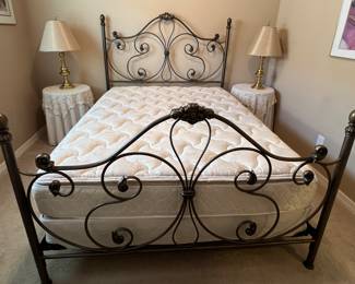Vintage Style Metal Bed Frame, 2 End Tables w Lace Overlays, Brass Table Lamps pair, Bedding, Mattress/BS