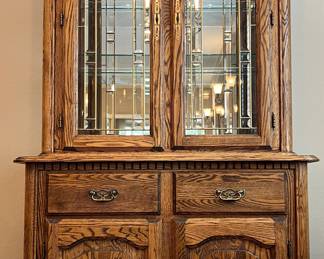 Oak Hutch w Leaded Glass Windows