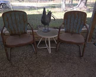 2 1960's Chairs with metal chicken and small round table 