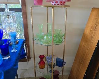 Midcentury Gold Display Shelf- Opelescent Cranberry Glass  - Uranium Glass - Amberina