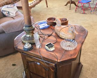 Farmhouse Pine Side Table with Storage Inside- Duck Bookends - Brass Table Lamp