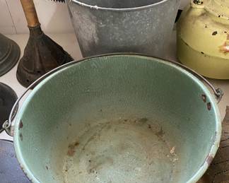 Green Enamelware and Galvanized Buckets