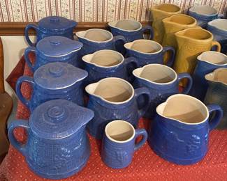 Blue and White Stoneware Pitchers (Some with Lids)