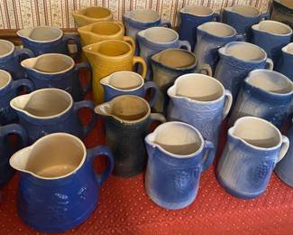Blue and White Stoneware Pitchers and Yellowware Pitchers 