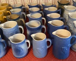Lots of Blue and White Stoneware Pitchers