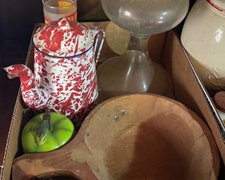 Enamelware, Oil Lamp, Wooden Paddle