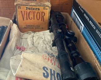 Old Shotgun Shell Box and Scopes